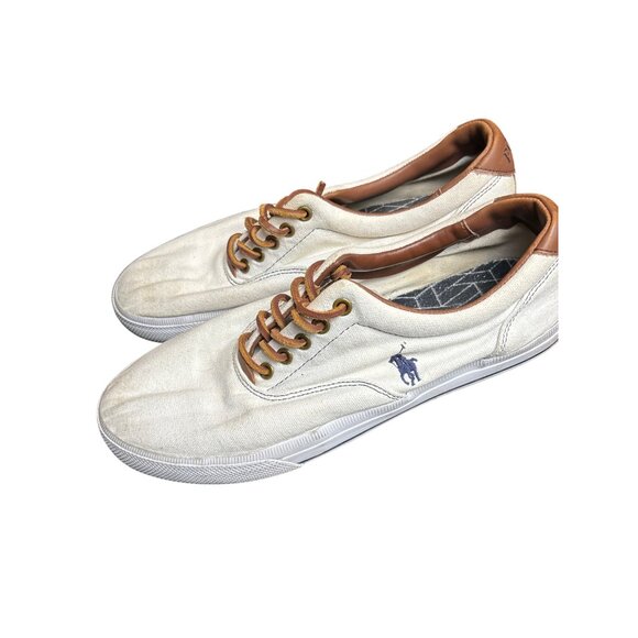 Polo Ralph Lauren Vaughn 9.5D Mens Casual Lace-Up Canvas Sneakers White & Tan Le - Picture 7 of 10